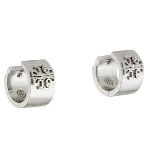 Tory Burch Matte Silver Britten Logo Huggie Hoop Earrings